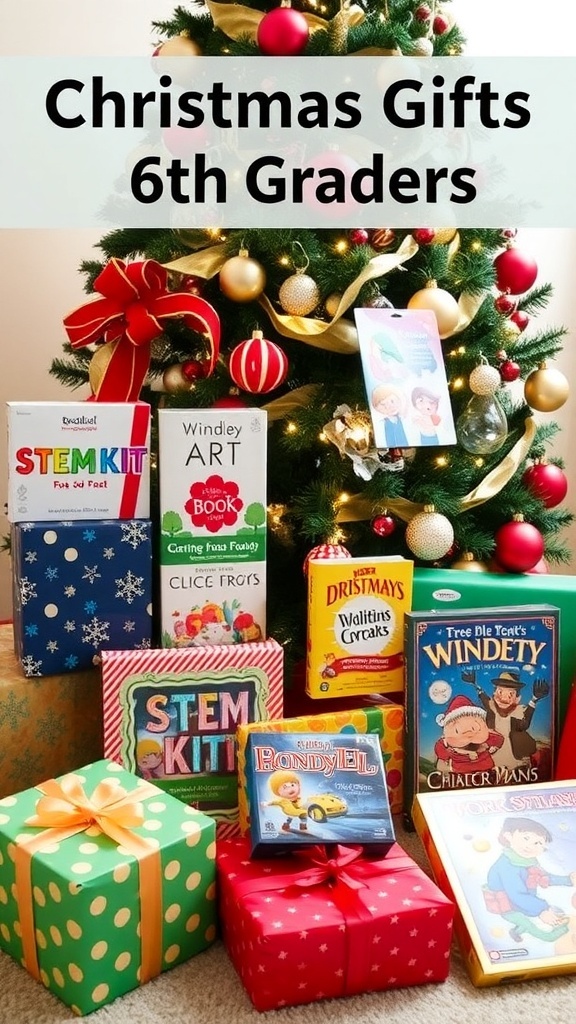A collection of Christmas gifts for 6th graders including STEM kits, art supplies, books, and board games around a Christmas tree.